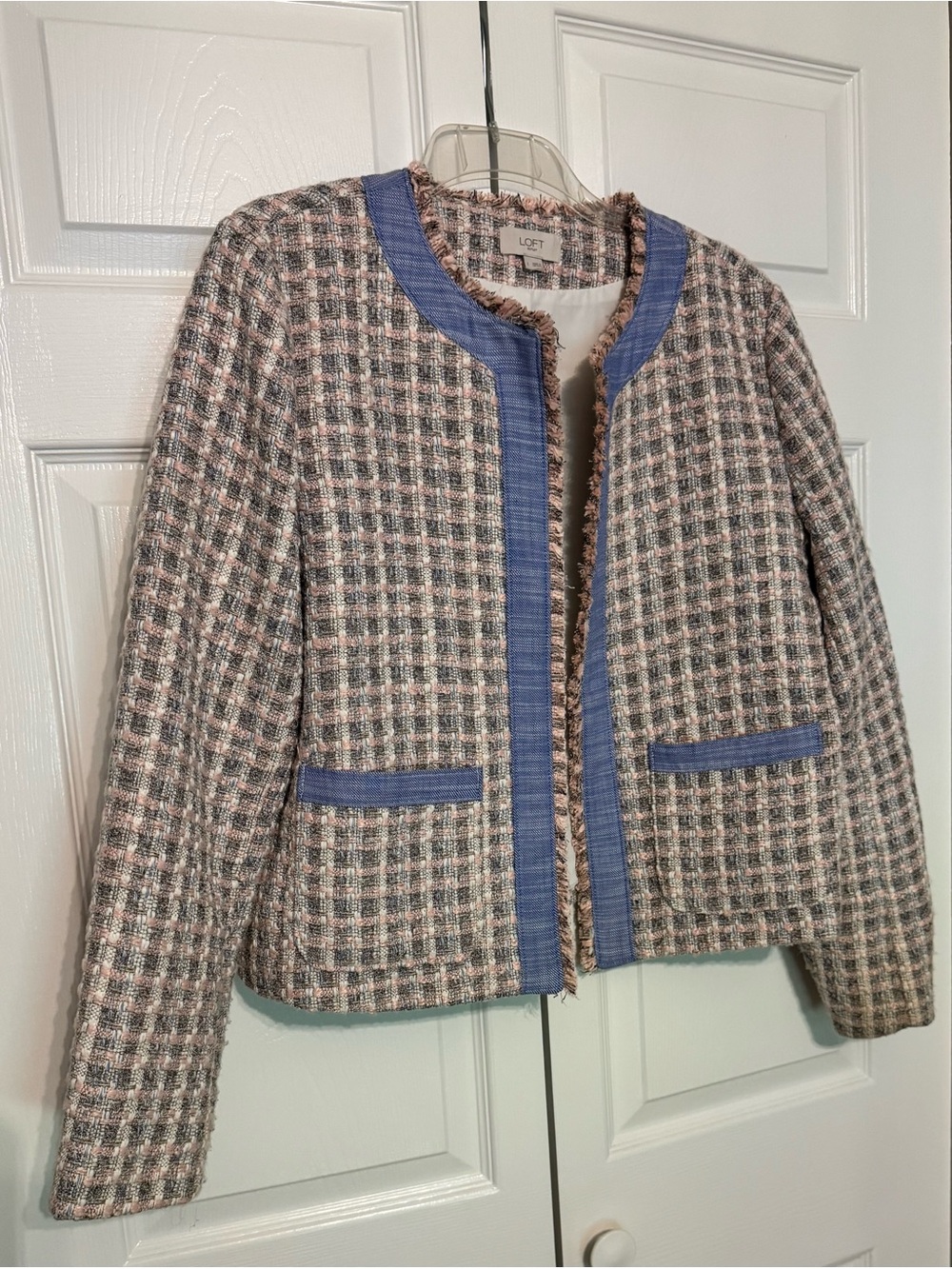 LOFT Outlet Pink Blue Tweed Open Front Jacket Size L
